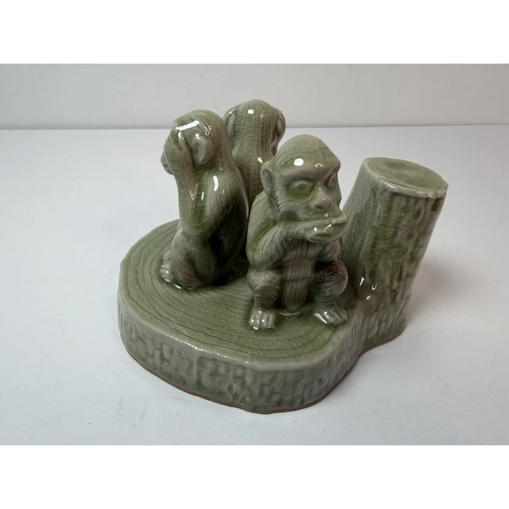Novica‎ Collection Hear Speak See No Evil Monkey Apes Thailand Vintage Green